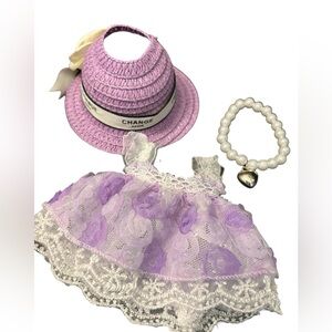 Purple Lace Doll Dress Set with Hat and Stretchy Necklace